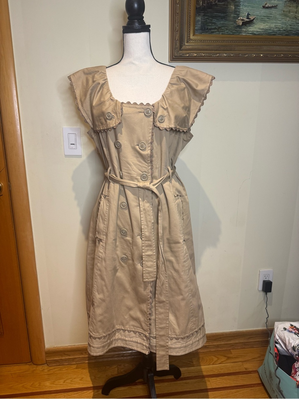 Moschino Tan  Button-Front double breasted Midi Dress with Self-Tie Belt Sz 12